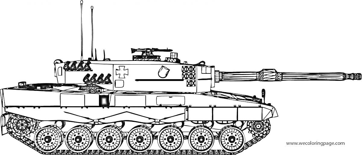 На раскраске изображено: Танк, Леопард, Военная техника, Гусеницы, Бронетехника, Антенны, Длинный ствол