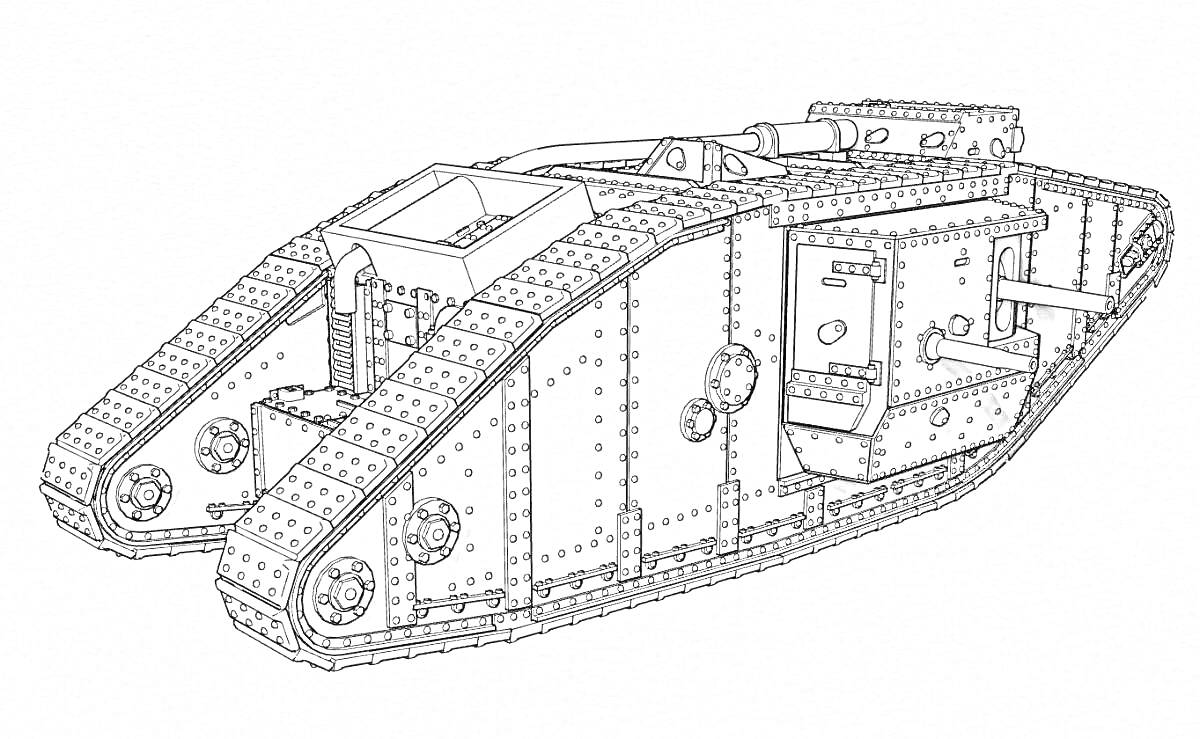 Раскраска Раскраска — танк из лего с гусеницами, пушкой и деталями корпуса