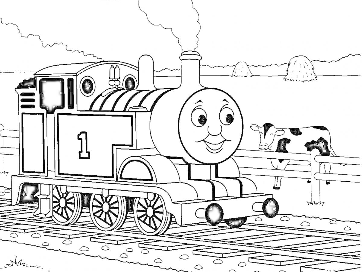 Раскраска Паровозик Томас на железной дороге с коровой на заднем плане