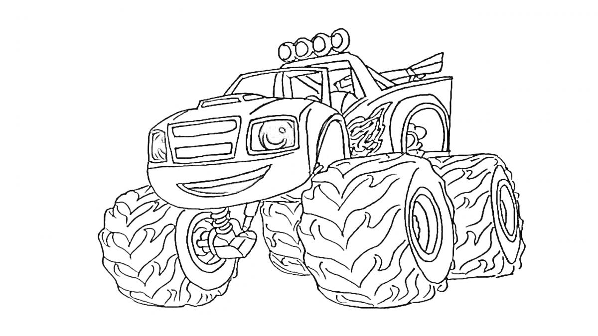 Раскраска Монстр-трак с улыбающимся лицом и большими колесами