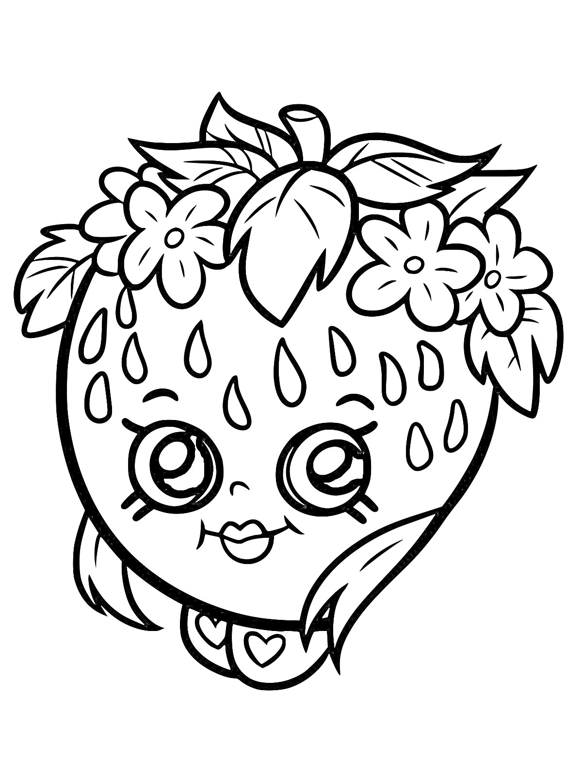Раскраска Клубника Шопкинс с цветами и сердечком на шее