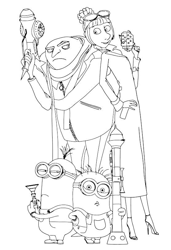 Раскраска Миньоны и персонажи с оружием на фоне