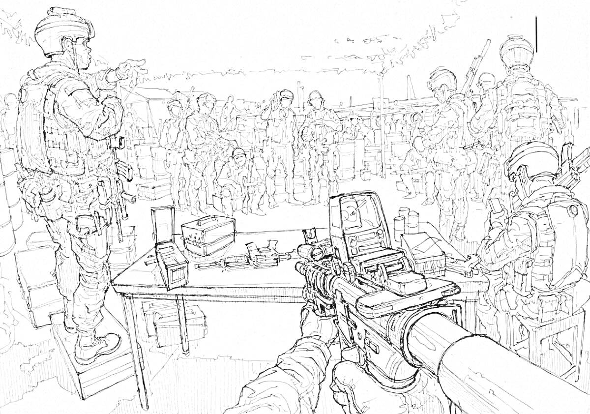 Раскраска Брифинг спецназа с деталями снаряжения и оружия
