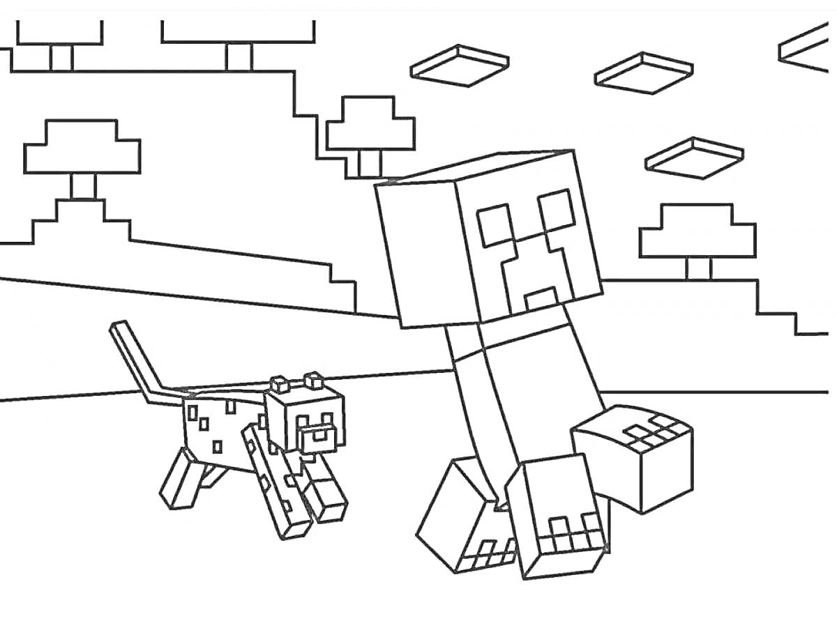 На раскраске изображено: Майнкрафт, Сиреноголовый, Кот, Деревья, Облака