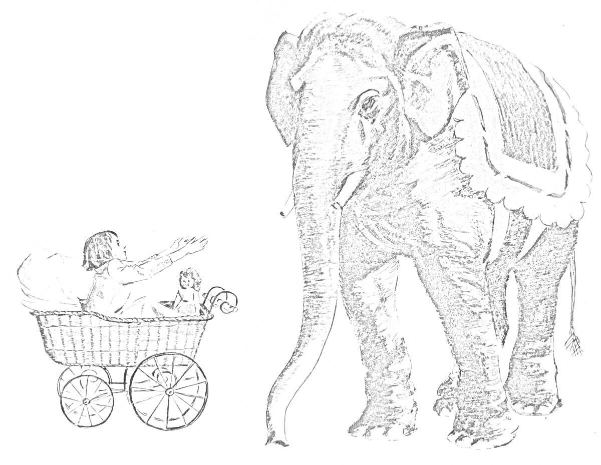 На раскраске изображено: Девочка, Коляска, Слон, Накидка, Рассказ