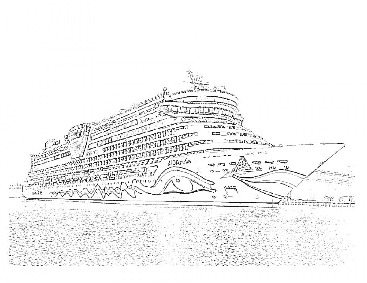 На раскраске изображено: Лайнер, Корабль, Вода, Море, Судно, Транспорт, Спасательные шлюпки