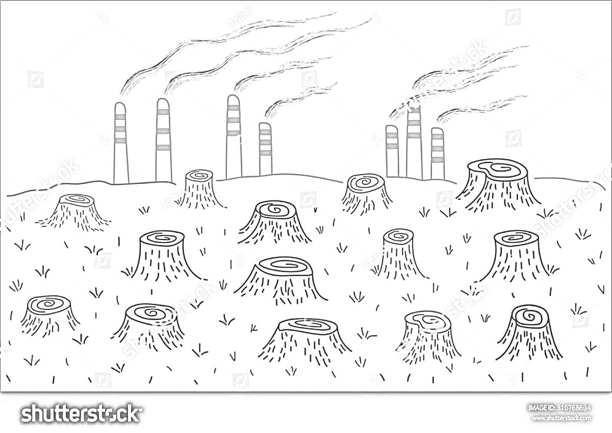На раскраске изображено: Загрязнение воздуха, Завод, Дым, Пни, Окружающая среда, Экология, Загрязнение