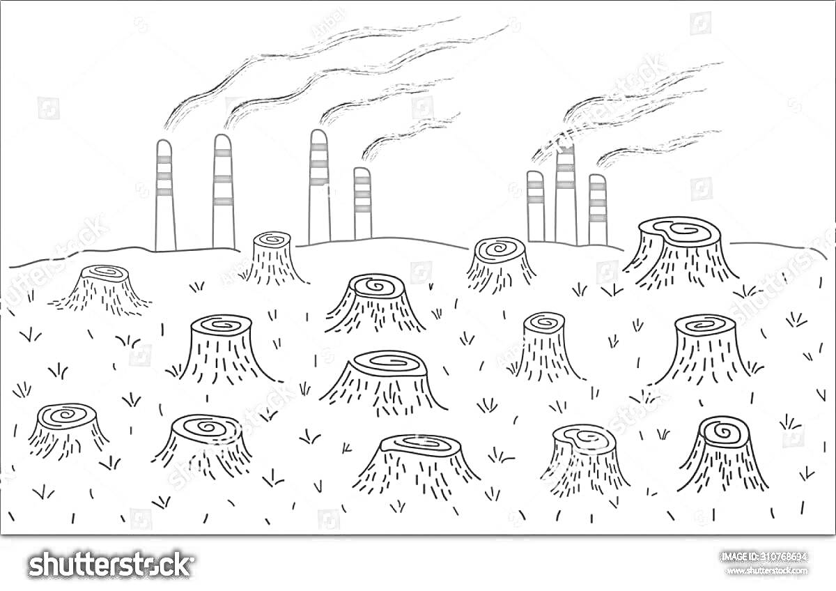 Раскраска Завод с дымящими трубами на фоне поля с пнями и засохшей растительностью