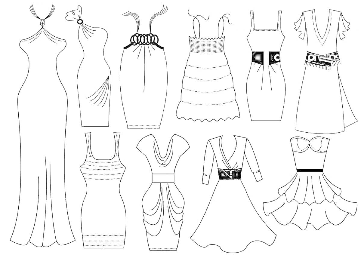Платья разной формы и стиля с разнообразными деталями (длинное платье, платье с брошью, платье с лямками, платье с рюшами, платье с поясом, платье с V-образным вырезом и т.д.)