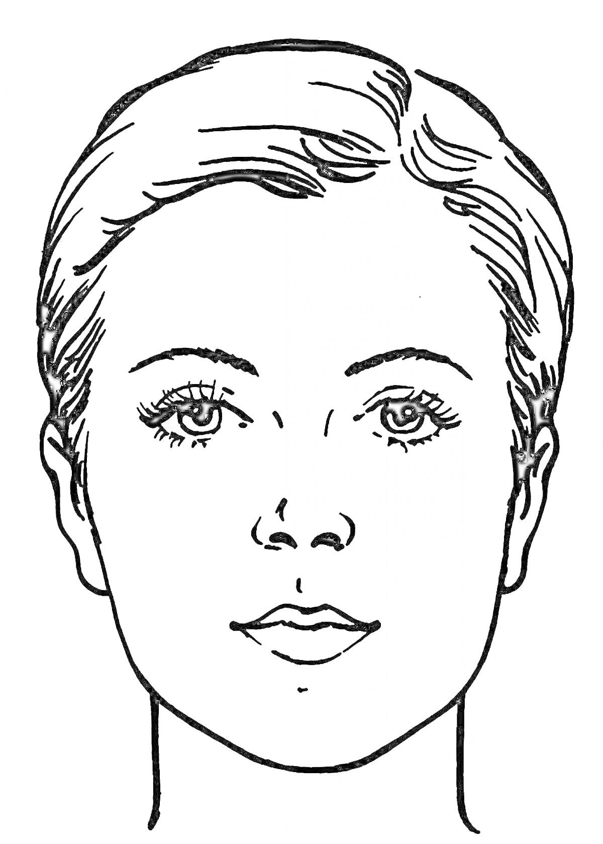 Раскраска Женское лицо с короткими волосами, открытыми глазами и губами