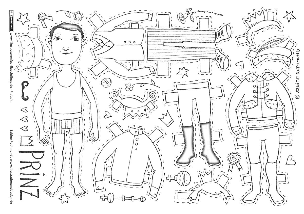 На раскраске изображено: Бумажная кукла, Мальчик, Одежда, Костюм, Принц, Корона, Ботинки, Усы, Звезды, Меч