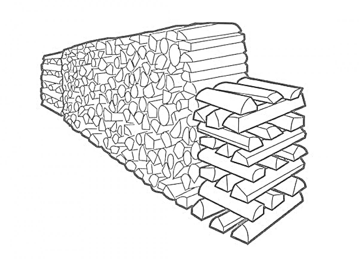 Раскраска Стопка сложенных дров в виде пирамиды и прилегающий ряд нарезанных поленьев