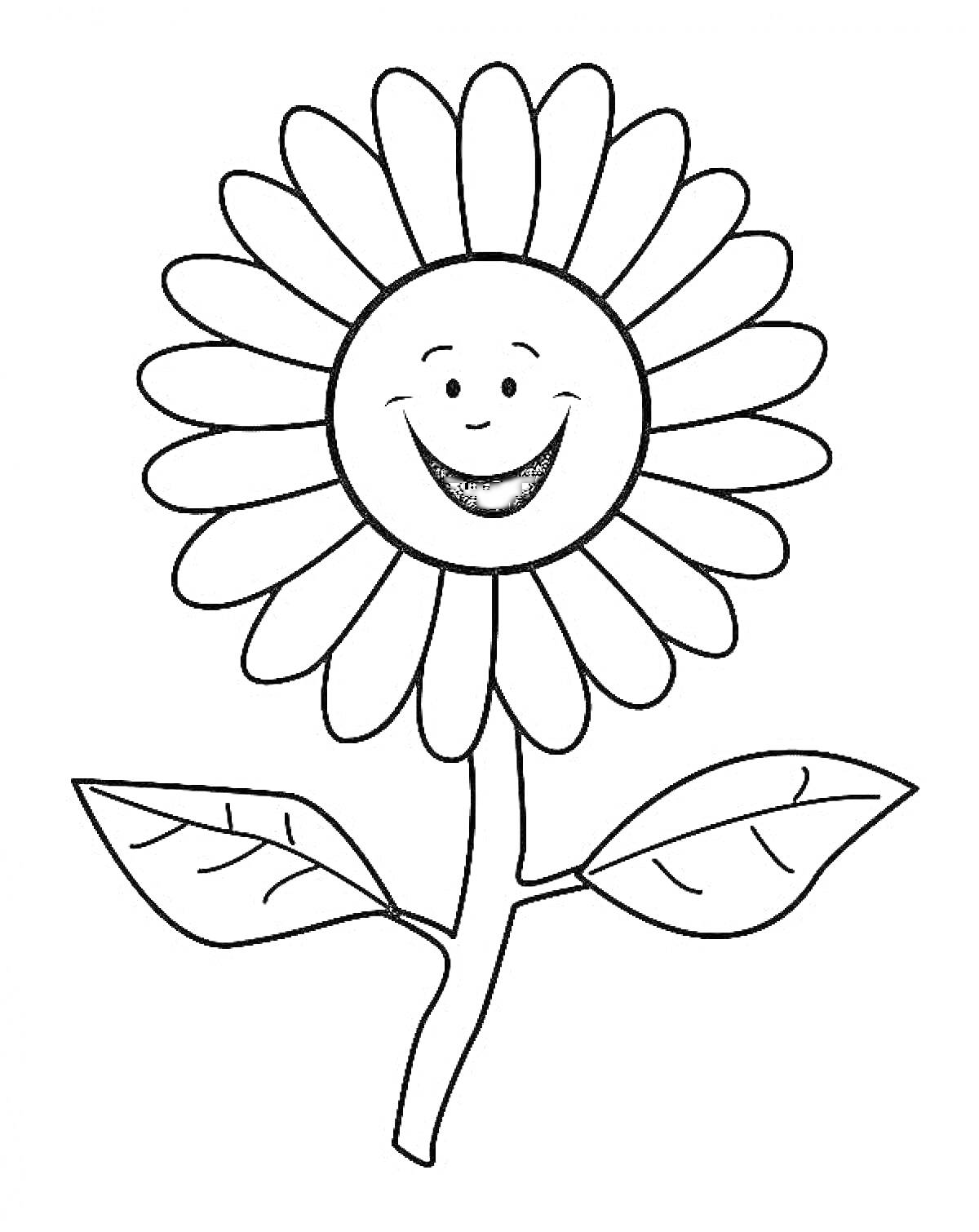 Раскраска Ромашка с улыбающимся лицом, стеблем и двумя листьями