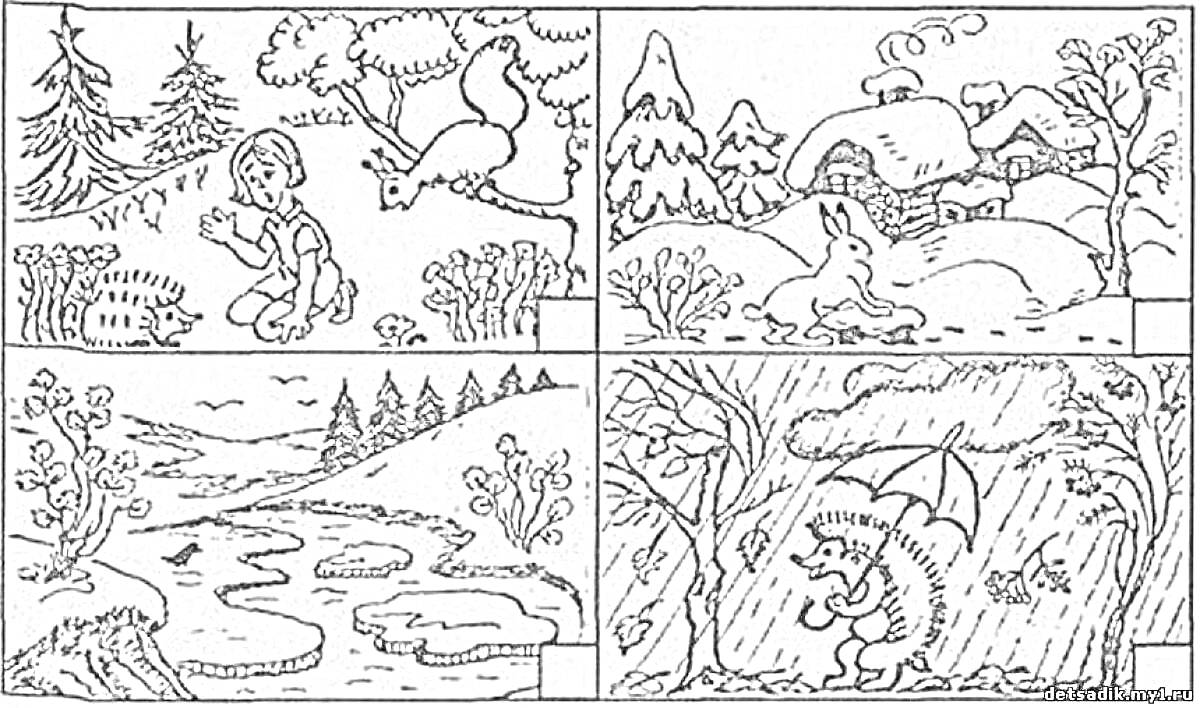 Раскраска Времена года: весна, лето, осень, зима с лесными животными и природой