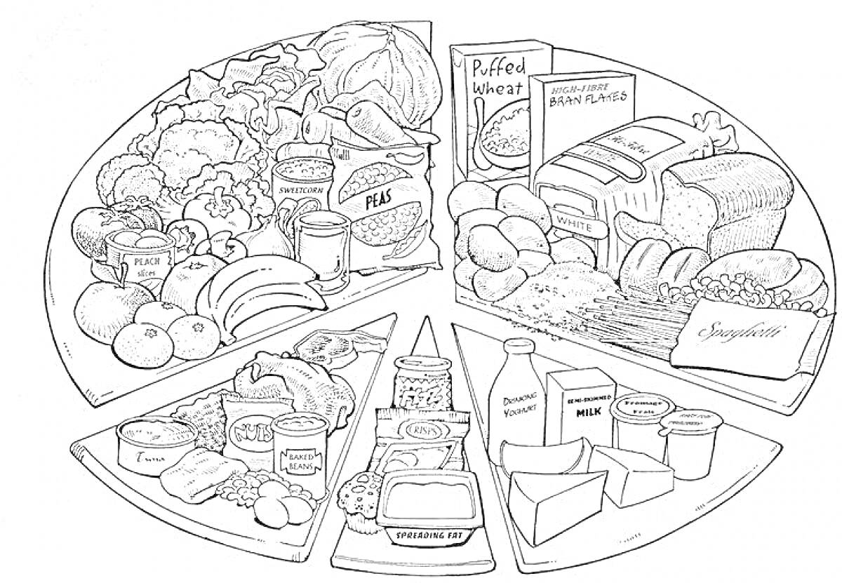 Раскраска Ассорти продуктов с овощами, фруктами, хлебом, зерновыми, мясом, молочными продуктами и хлебобулочными изделиями