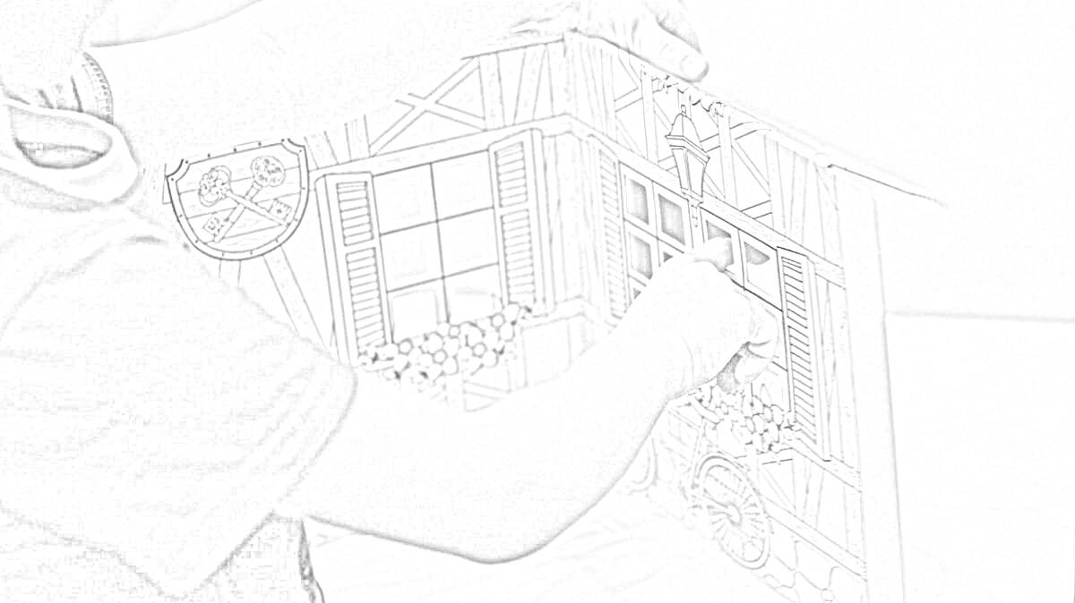На раскраске изображено: Деревянный домик, 3D, Окна, Ставни, Цветы, Интерьер, Творчество