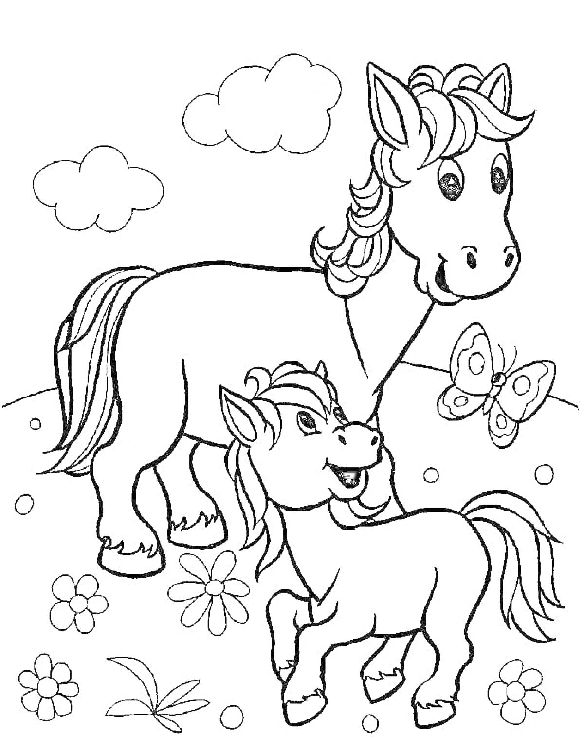 На раскраске изображено: Лошадь, Жеребёнок, Бабочка, Цветы, Трава, Облака, Домашние животные, 4-5 лет, Природа, Для детей