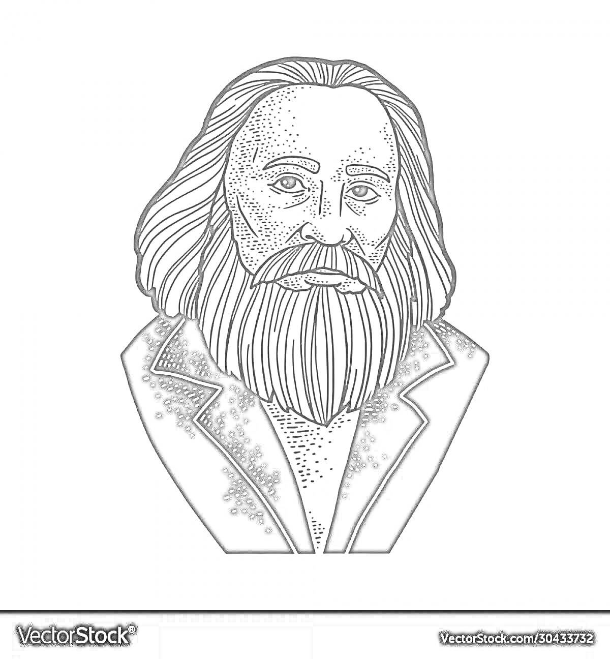 На раскраске изображено: Менделеев, Учёный, Борода, Длинные волосы, Классический костюм