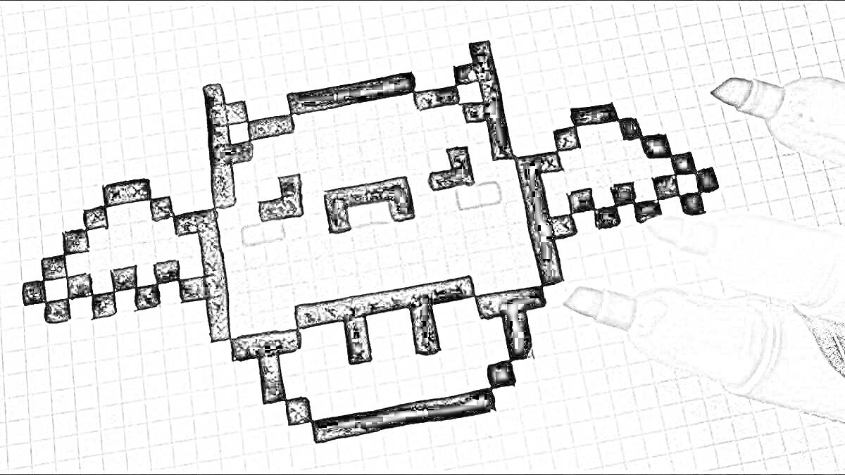 Пиксельный летучий мышонок из Майнкрафт, нарисованный на тетрадном листе в клетку с черным фломастером и рядом лежащими фломастерами