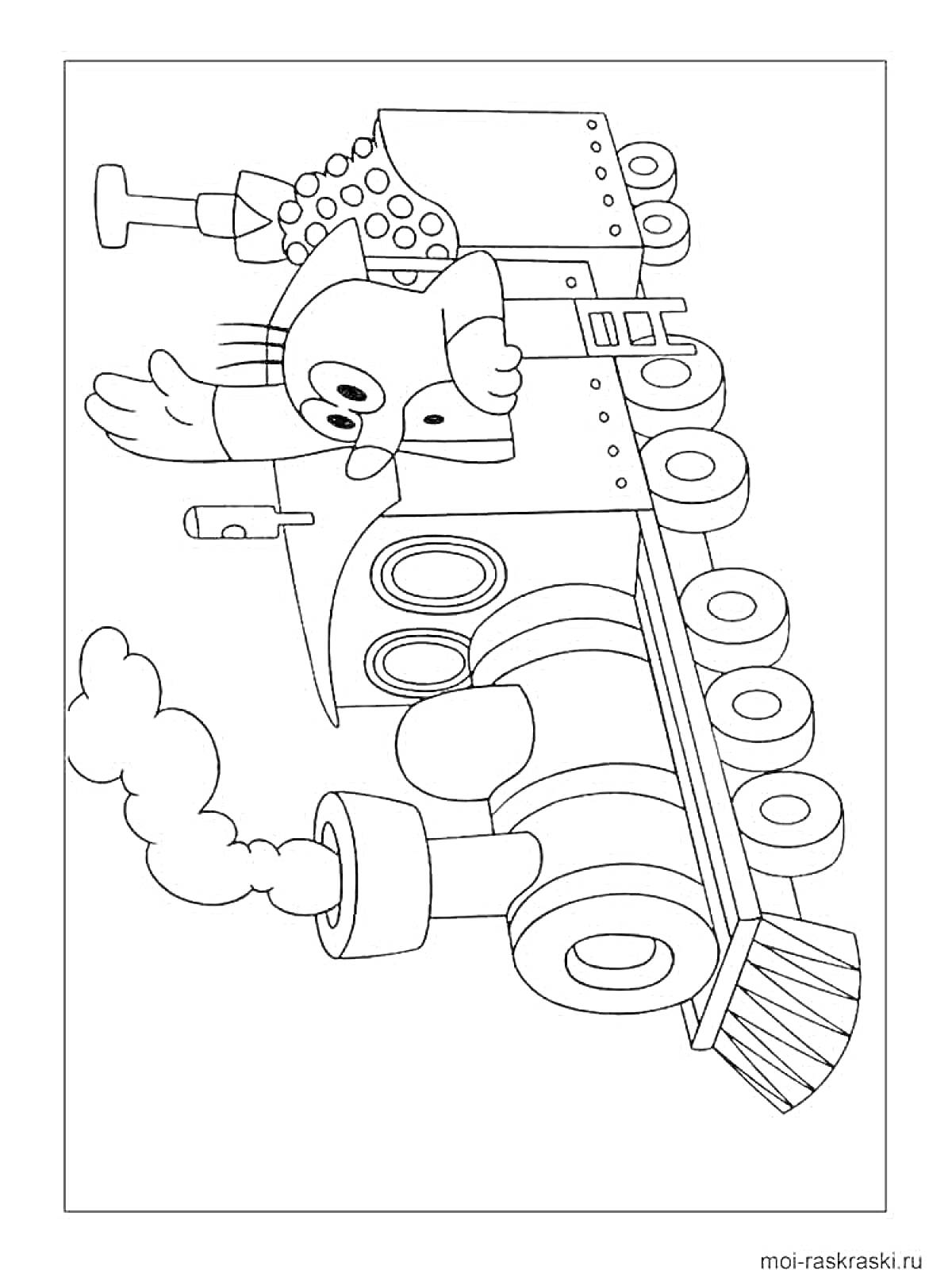 Раскраска Паровозик с совой и трубой, идущий по рельсам, выпуская дым