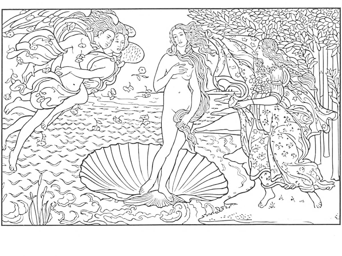 Раскраска Рождение Венеры на морской раковине, ангелы, ветер, женщина с тканью