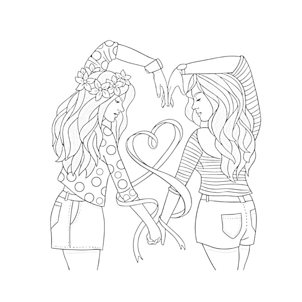 Раскраска Две девушки, связанные лентой в форме сердца, одна с цветочным венком и в рубашке в горошек, другая в полосатой кофте и шортах