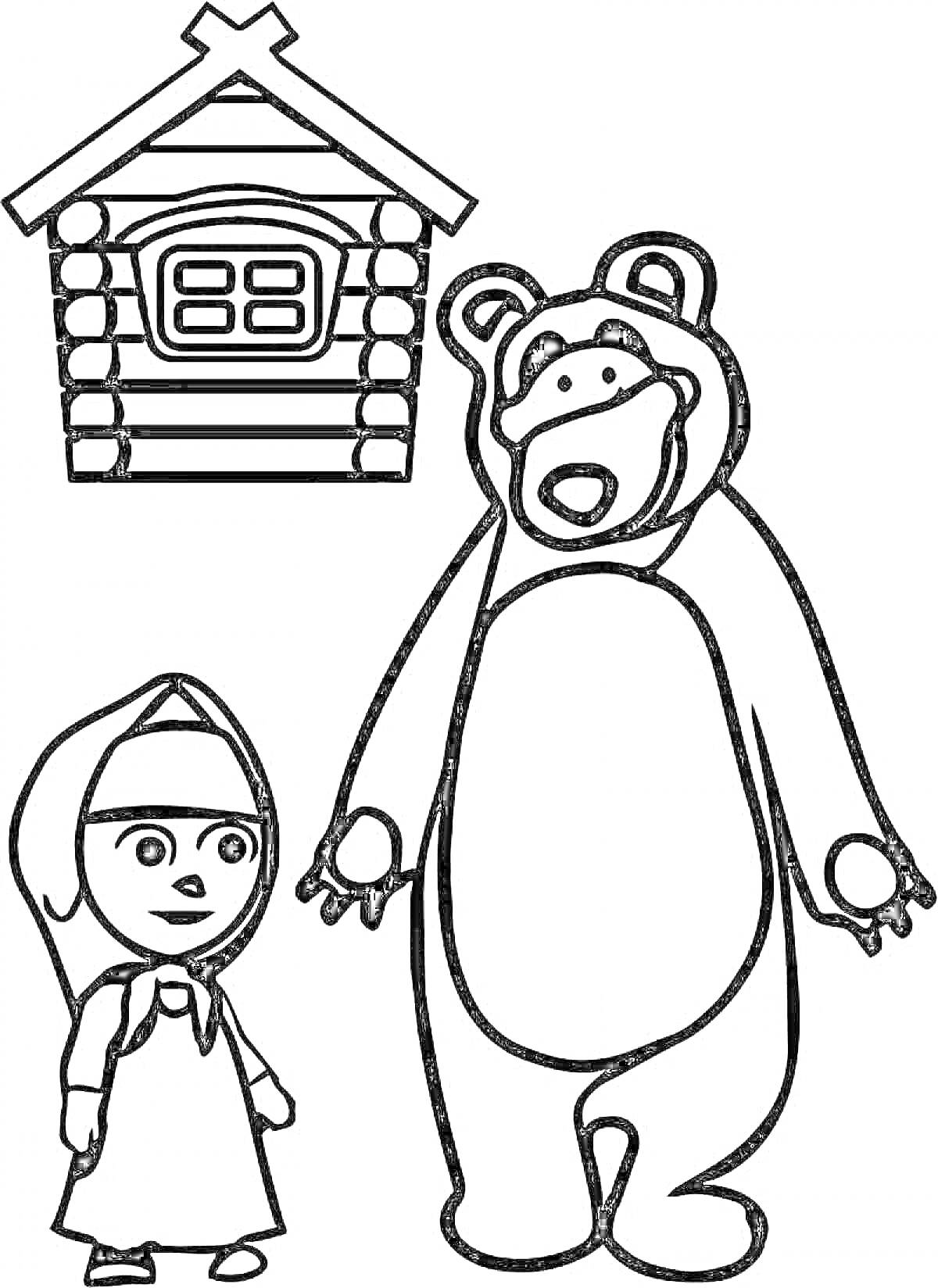 Раскраска Маша и Медведь у избушки
