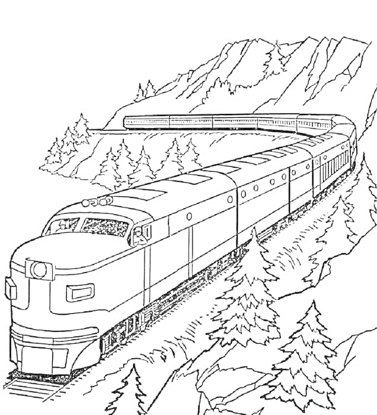 На раскраске изображено: Поезд, Железная дорога, Ласточка, Горы, Лес, Природа, Транспорт