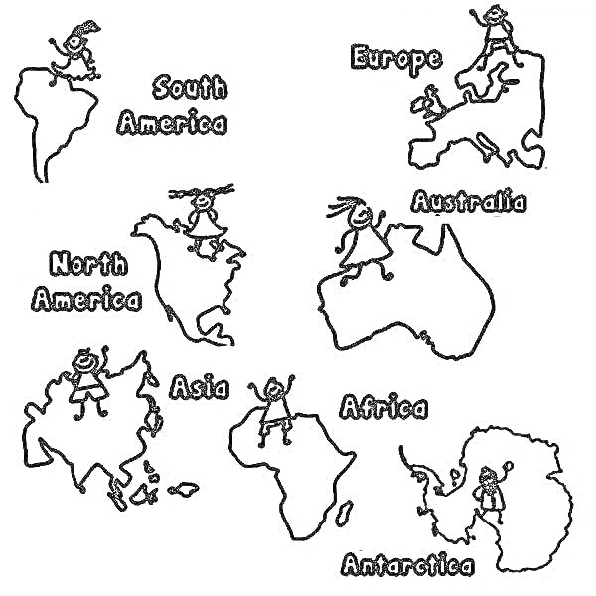 На раскраске изображено: Материки, Континенты, Южная Америка, Северная Америка, Европа, Африка, Азия, Австралия, Антарктида