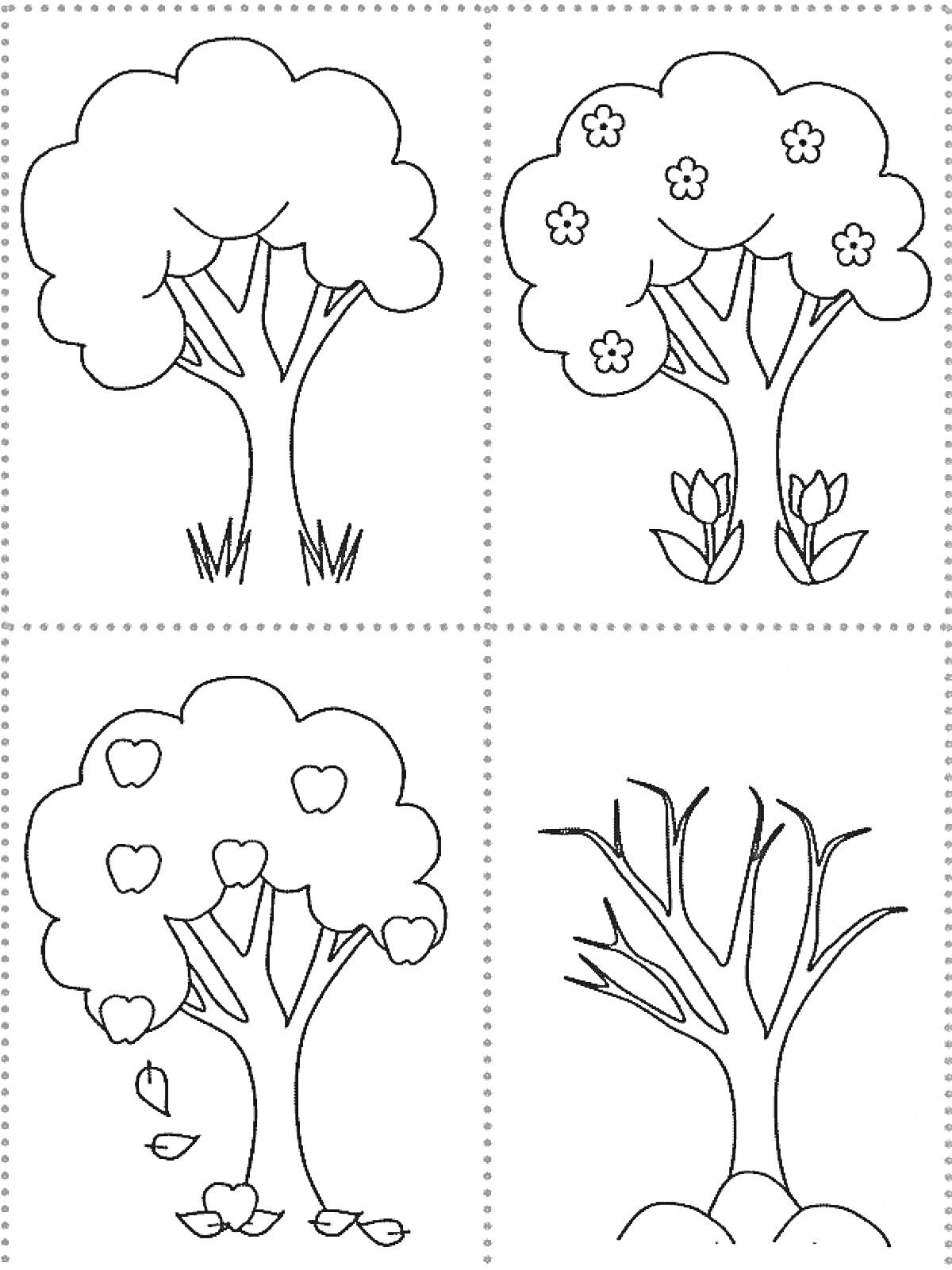 На раскраске изображено: Времена года, Лето, Весна, Осень, Зима, Листья, Цветы, Трава, Голое дерево