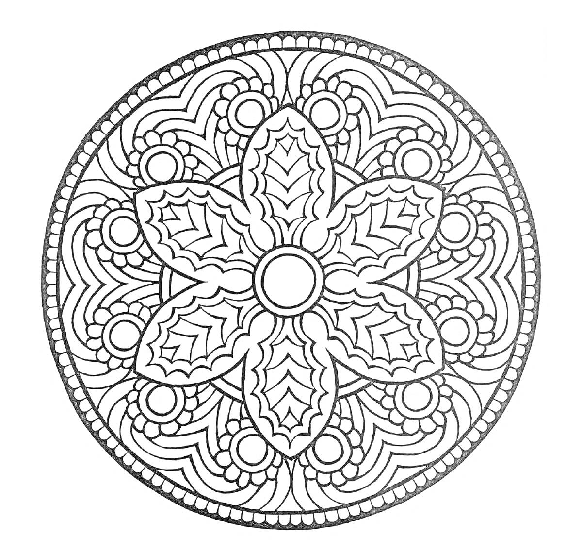 Раскраска Мандала с цветком и абстрактными узорами