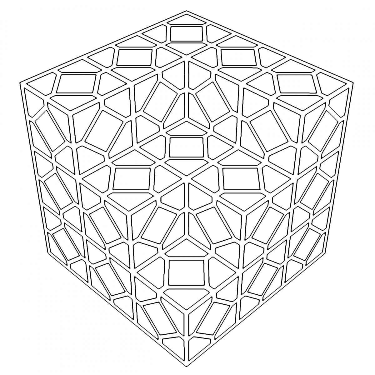 Раскраска Объемный куб с геометрическим узором из треугольников и многоугольников
