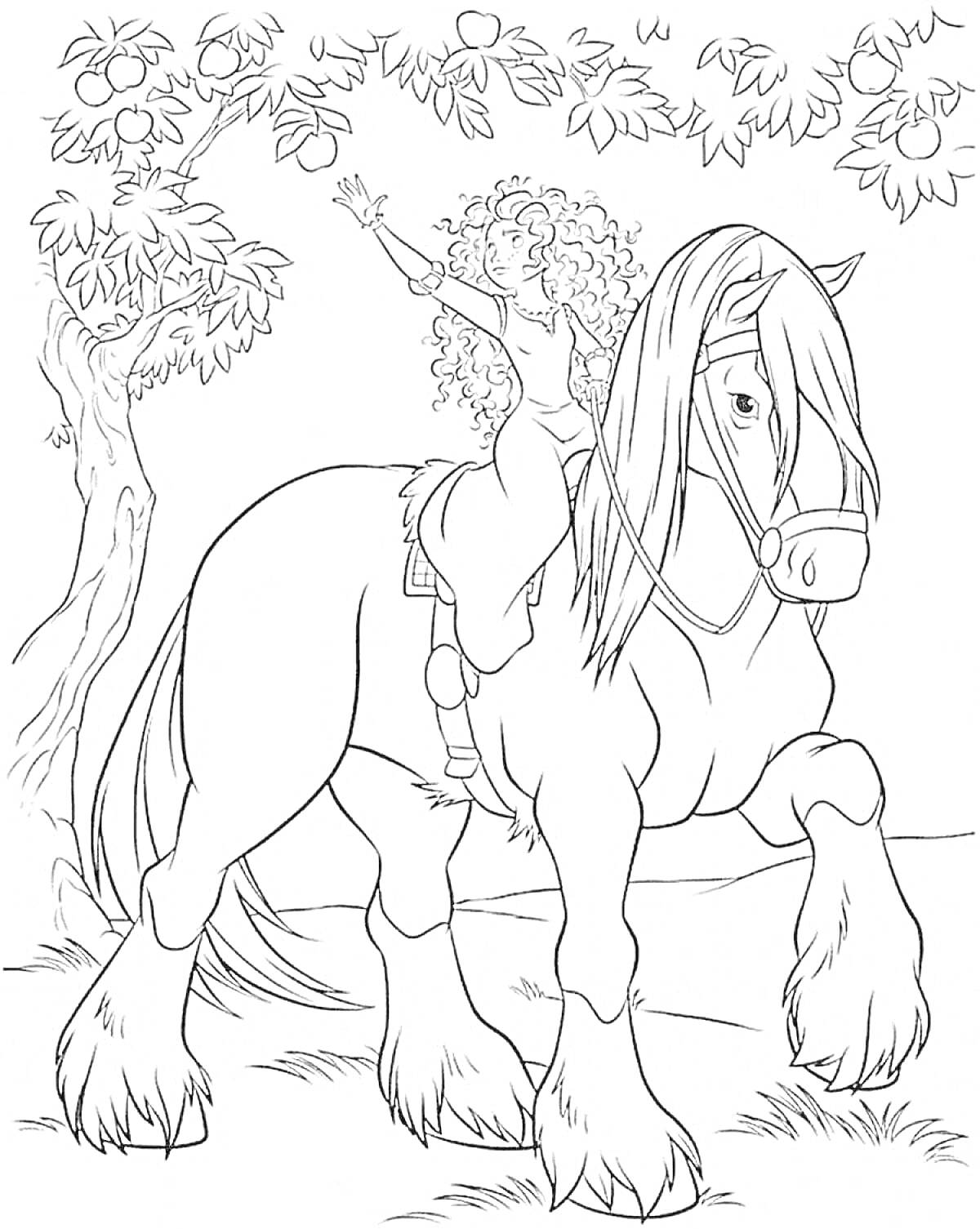 Раскраска Девочка на лошади под деревом