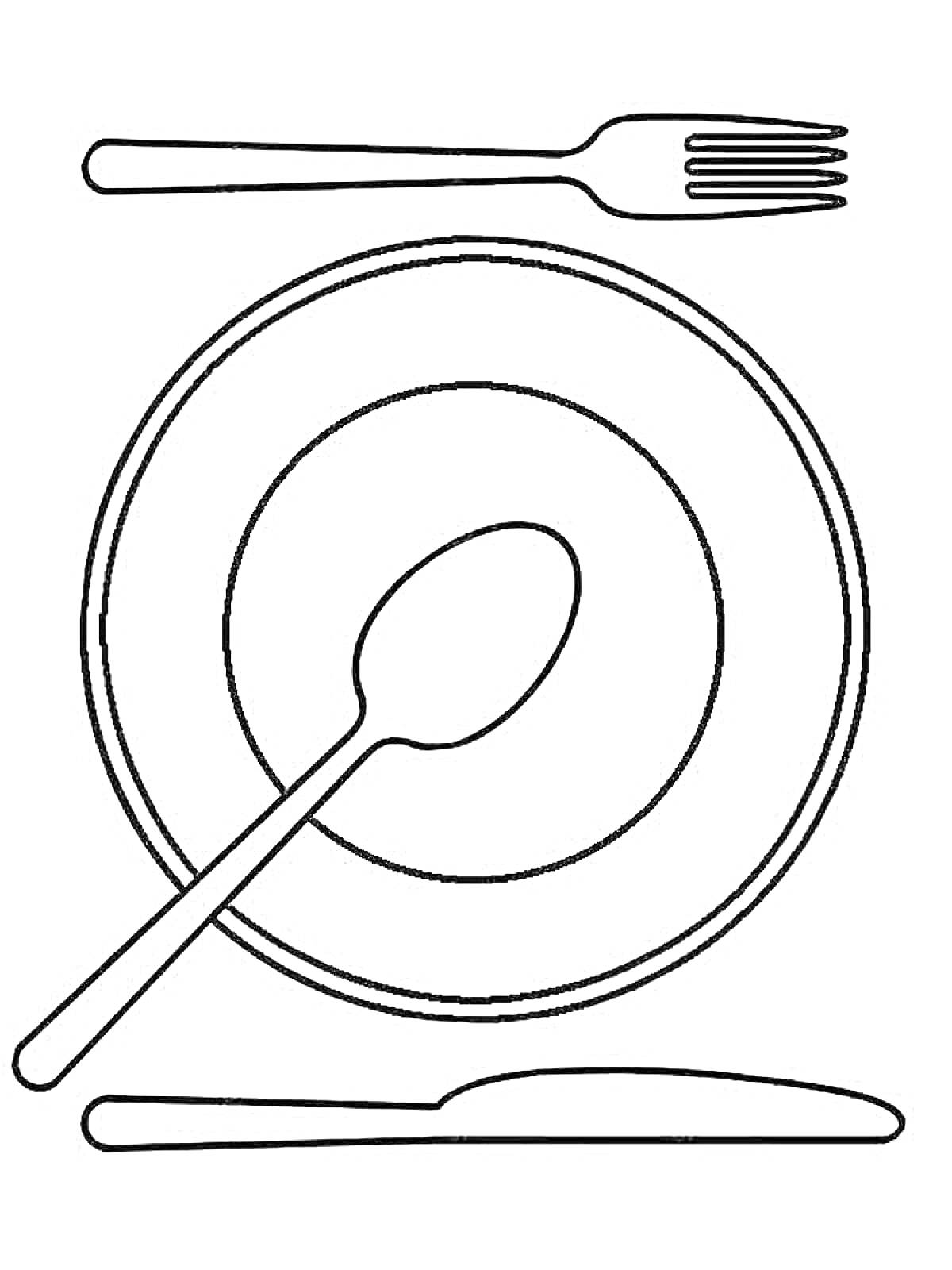На раскраске изображено: Тарелка, Ложка, Вилка, Нож, Посуда, Столовые приборы