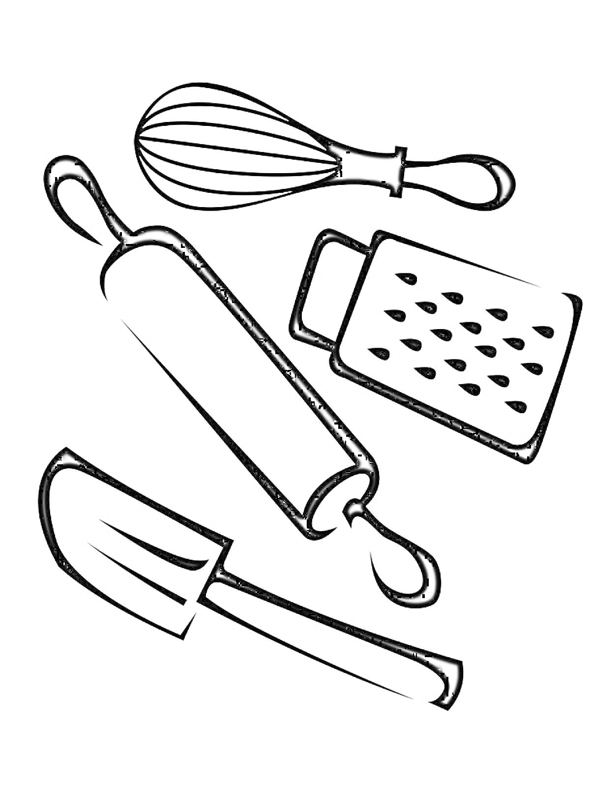 На раскраске изображено: Посуда, Кухня, Венчик, Скалка, Кухонные принадлежности, Готовка, Контурные рисунки, Лопата