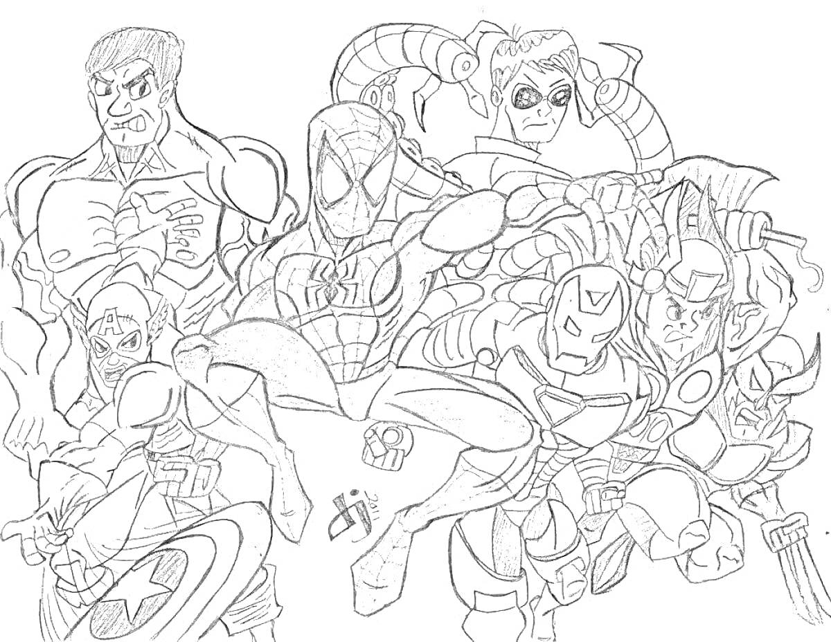 На раскраске изображено: Супергерои, Марвел, Человек-паук, Капитан Америка, Халк, Железный Человек, Тор, Черная вдова, Суперсила, Комиксы