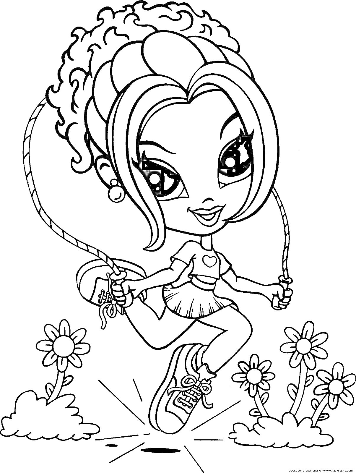 Раскраска Девочка с кудрявыми волосами, прыгает через скакалку, цветы на заднем плане