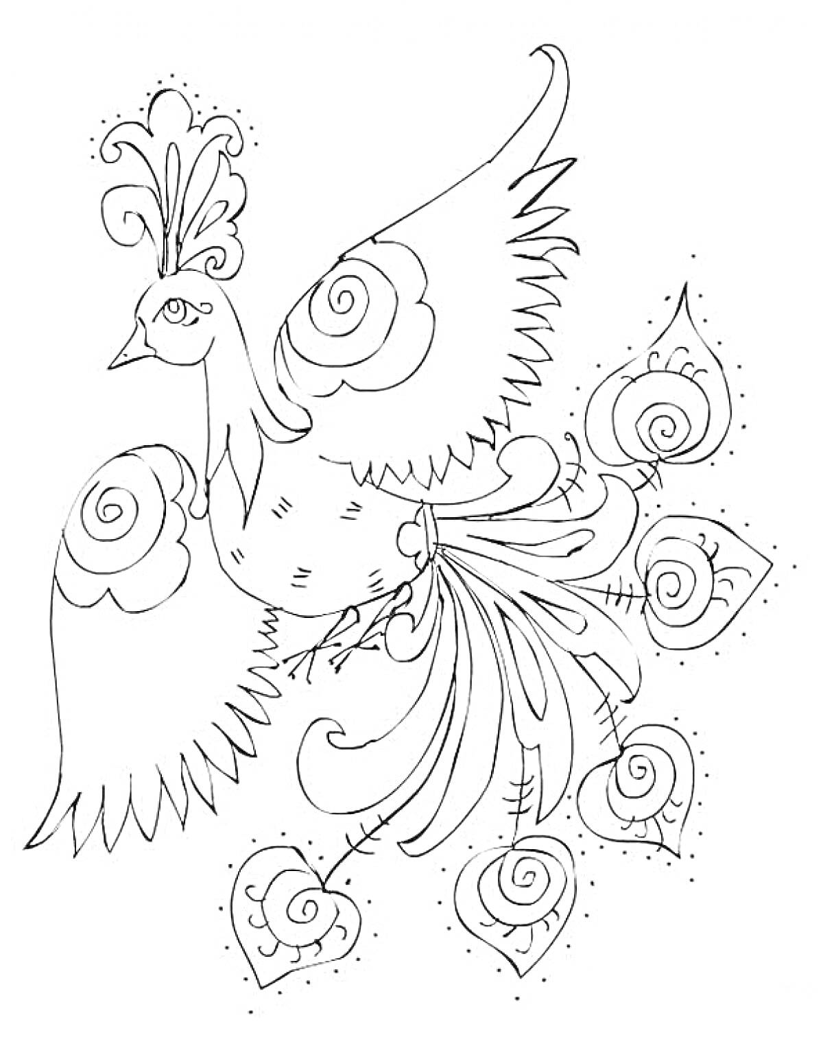 Раскраска Жар-Птица, летящая с распахнутыми крыльями, узорчатые перья на крыльях и хвосте, сложный рисунок узоров