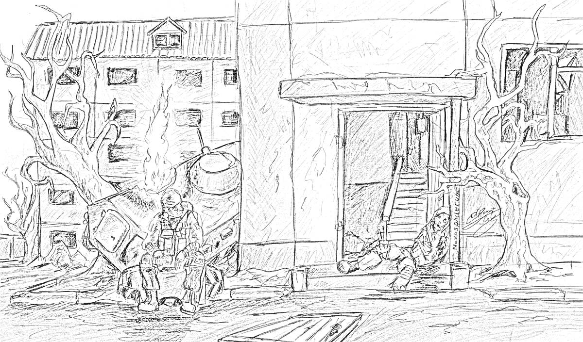 Раскраска Аварийная сцена в Припяти с брошенной техникой, разрушенными зданиями, и безжизненной улицей