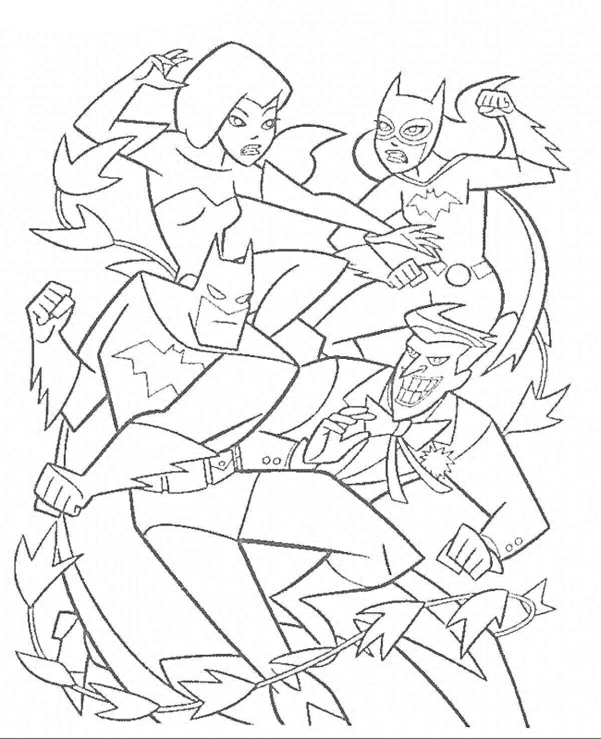 Раскраска Герои и злодей из Лиги Справедливости в бою среди ветвей