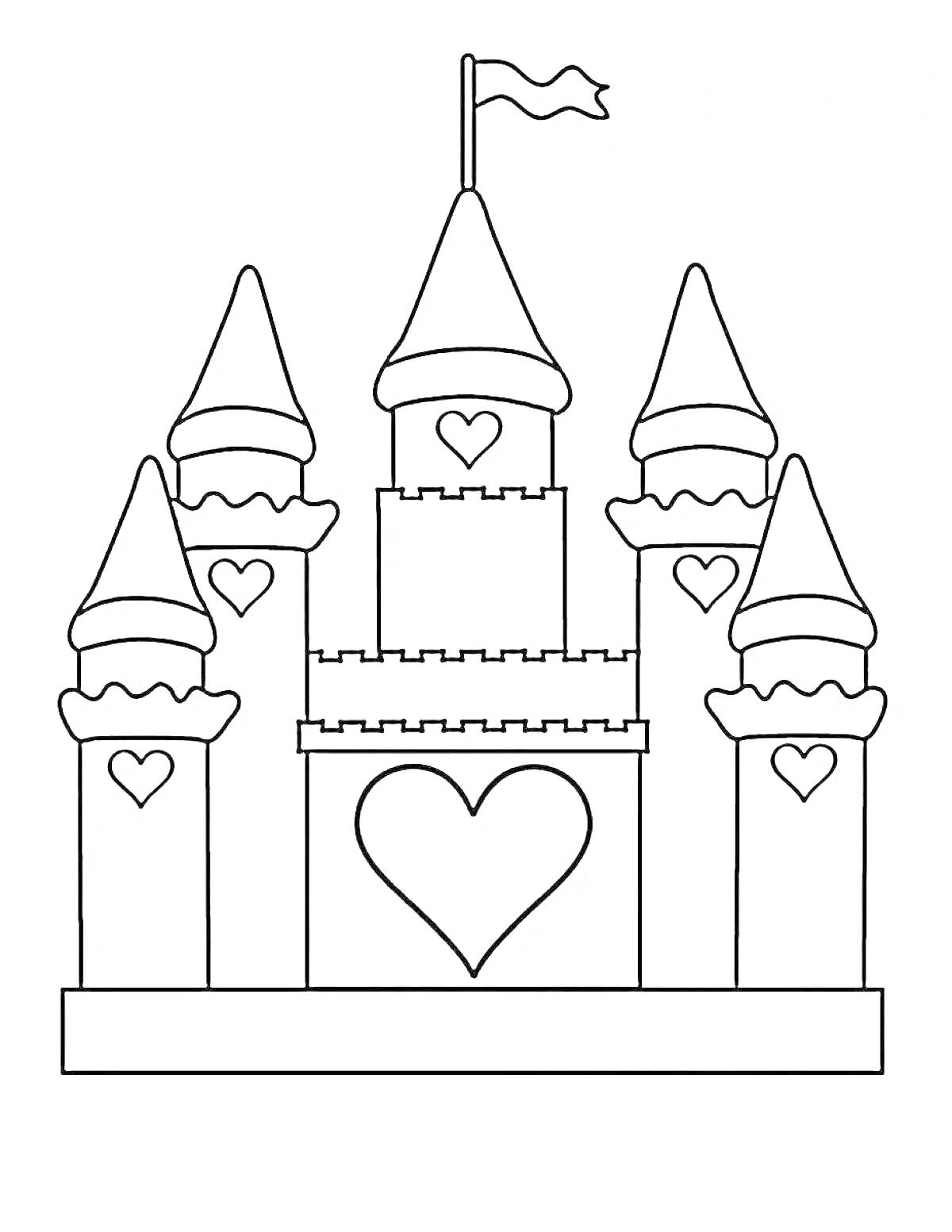 На раскраске изображено: Дворец, Замок, Башни, Флаг