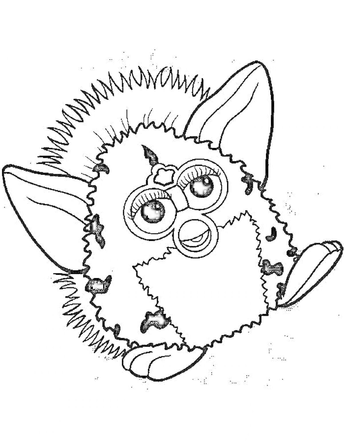 Раскраска Пушистик с большими ушами, большими глазами и пятнами на теле, сидящий с поджатыми лапками