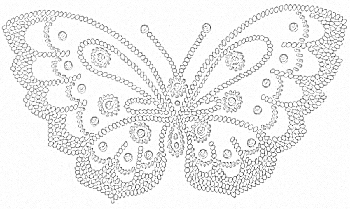 Раскраска Бисерная бабочка с узорами из кружков и каплевидных элементов