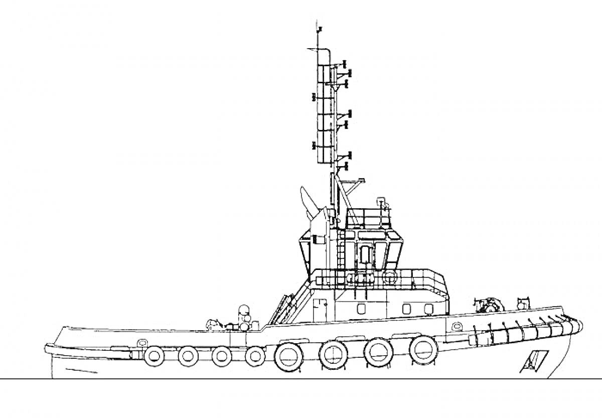 На раскраске изображено: Буксир, Корабль, Море, Судно, Транспорт, Мачта, Спасательный круг, Поручни, Мост