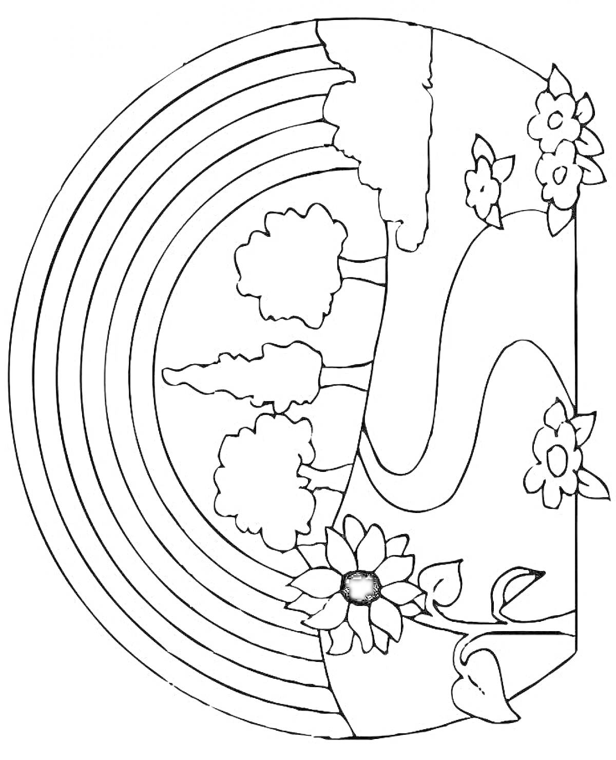 Раскраска радуга, деревья, река, цветы