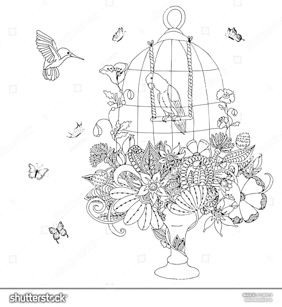 Раскраска Попугай в клетке на качелях среди цветов, бабочек и других птиц