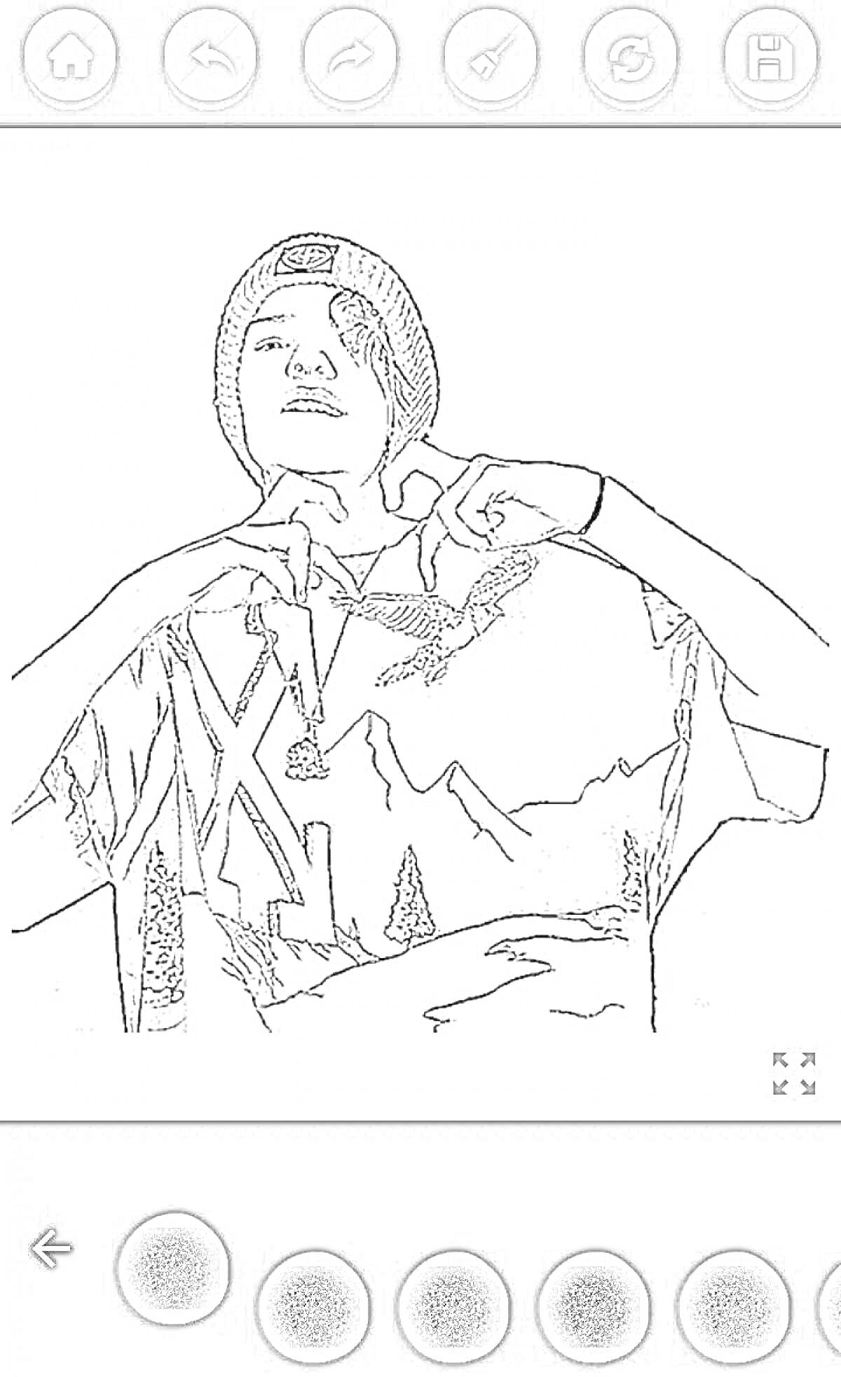 Раскраска Человек в вязаной шапке и футболке с рисунком гор