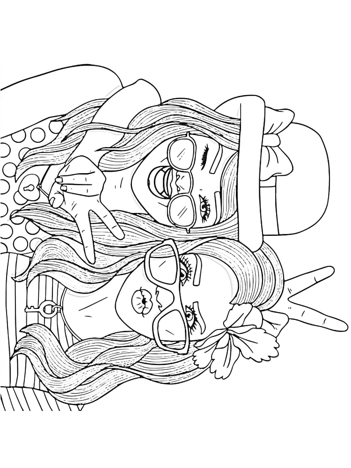 Раскраска Две девочки в шляпе и очках, показывающие знаки 
