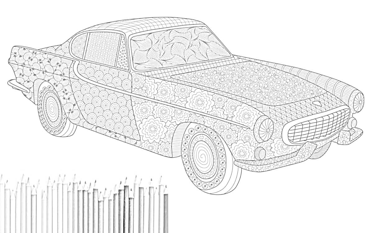 Раскраска Винтажный автомобиль, покрытый узором из цветов