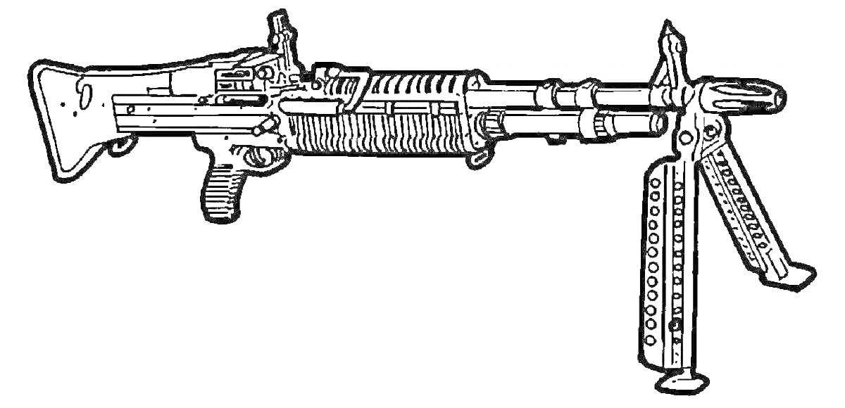 Раскраска Пулемет с двуногой установкой и складным прикладом